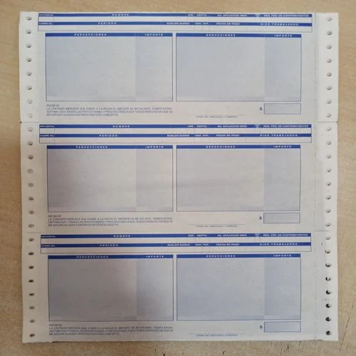 Formatos impresos con secciones para registrar percepciones, deducciones e importes.